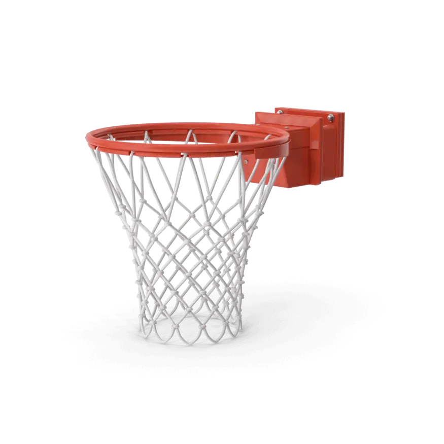 Heavy-duty orange basketball rim with white nylon net attached, suitable for indoor and outdoor basketball courts