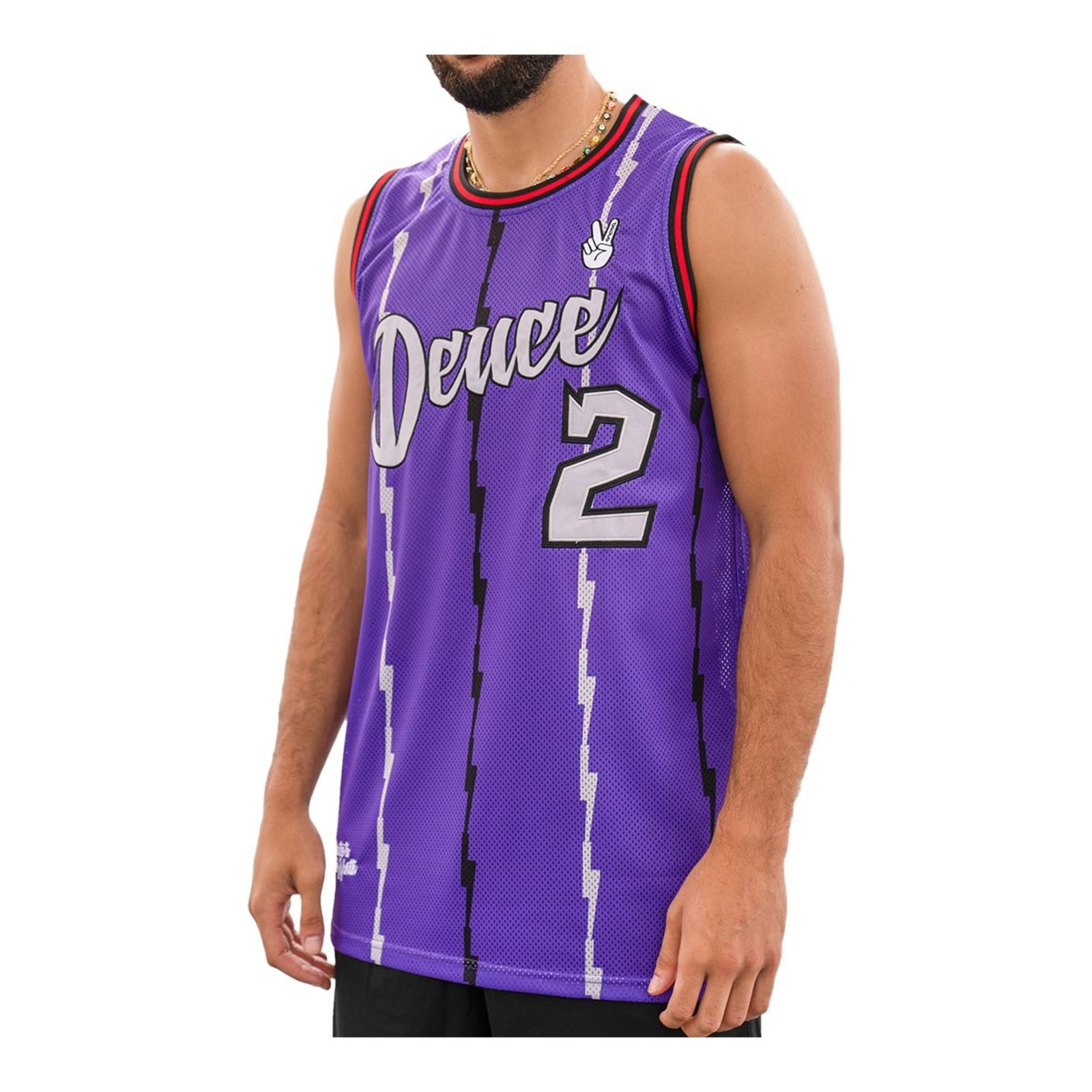 Deuce men’s purple basketball jersey with white lightning graphics, large number 2, and “Underdog Mentality” design, available in Small, Medium, and Large sizes